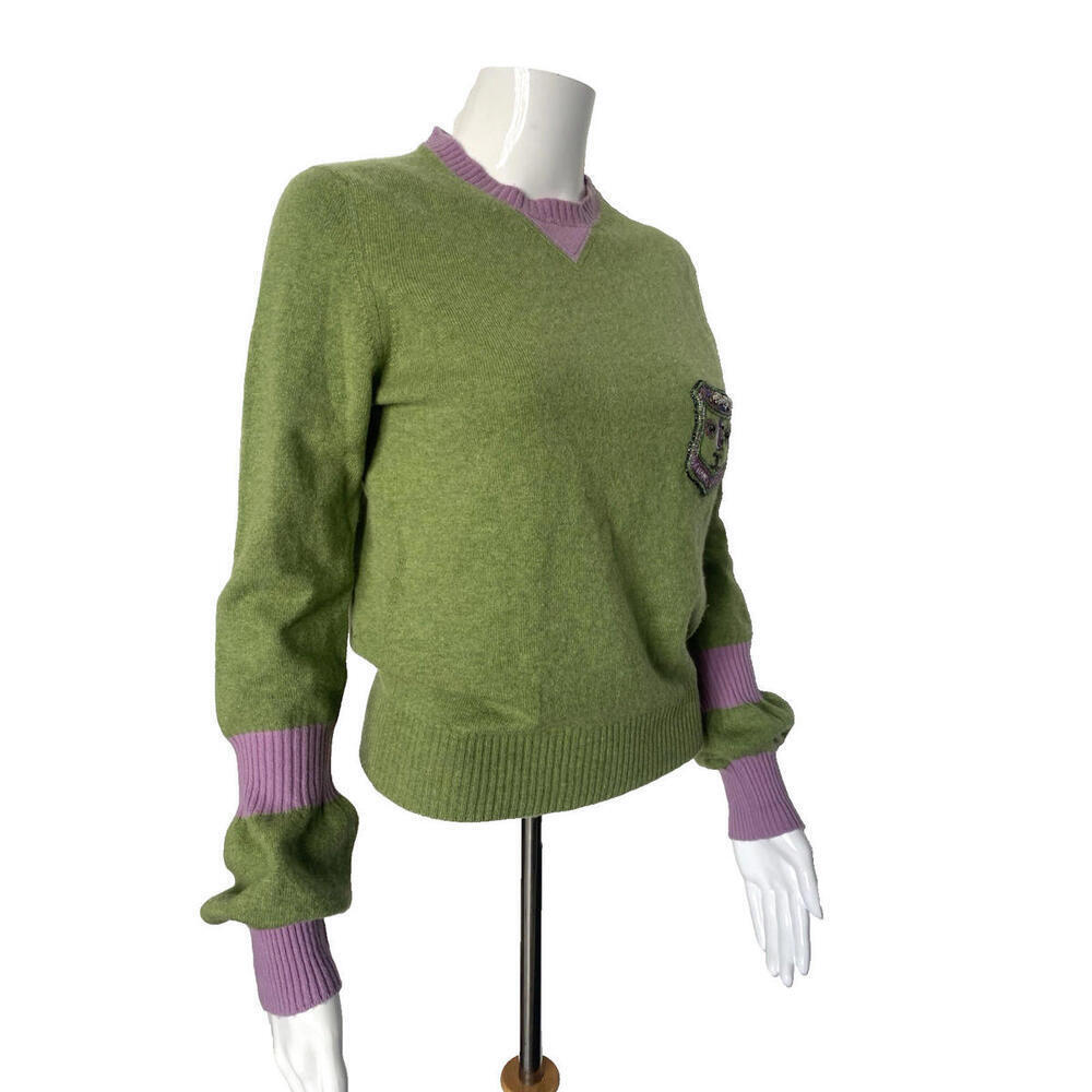 Vintage 2007 Chanel 07A Green Purple Sweater FR-36 Embroidered CC Crest Cashmere - Picture 7 of 9